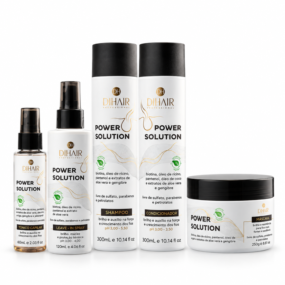 Kit Power Solution - Força e Crescimento Shampoo 300ml, Condicionador 300ml, Máscara 250g, Leave-in Spray 120 e Tônico 60ml - DIHAIR