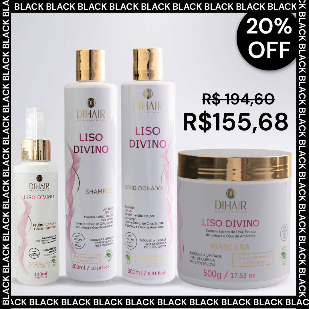 Kit Liso Divino Shampoo 300ml, Cond 300ml, Máscara 500g e Fluido Termoativado 120ml - DIHAIR