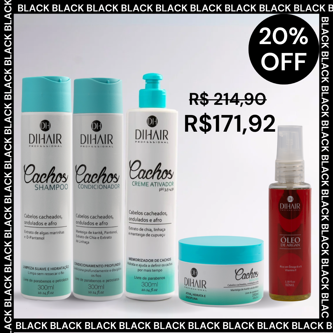 Kit Cachos Shampo, Condicionador, Máscara, Ativador e Óleo de Argan 60ml - DIHAIR