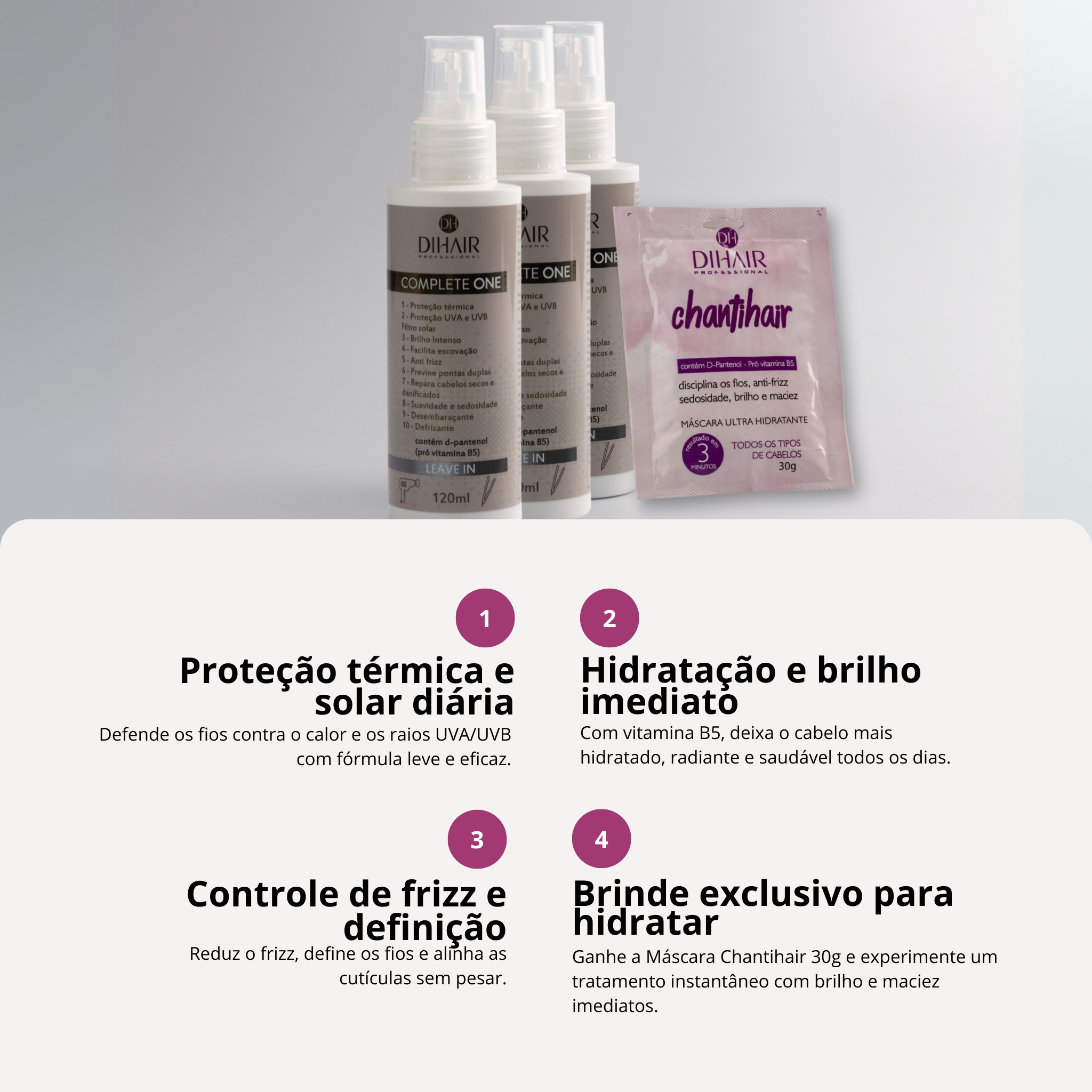 COMBO - 3 UND Protetor Térmico Complete One 120ml - Dihair + BRINDE máscara chantihair 30g
