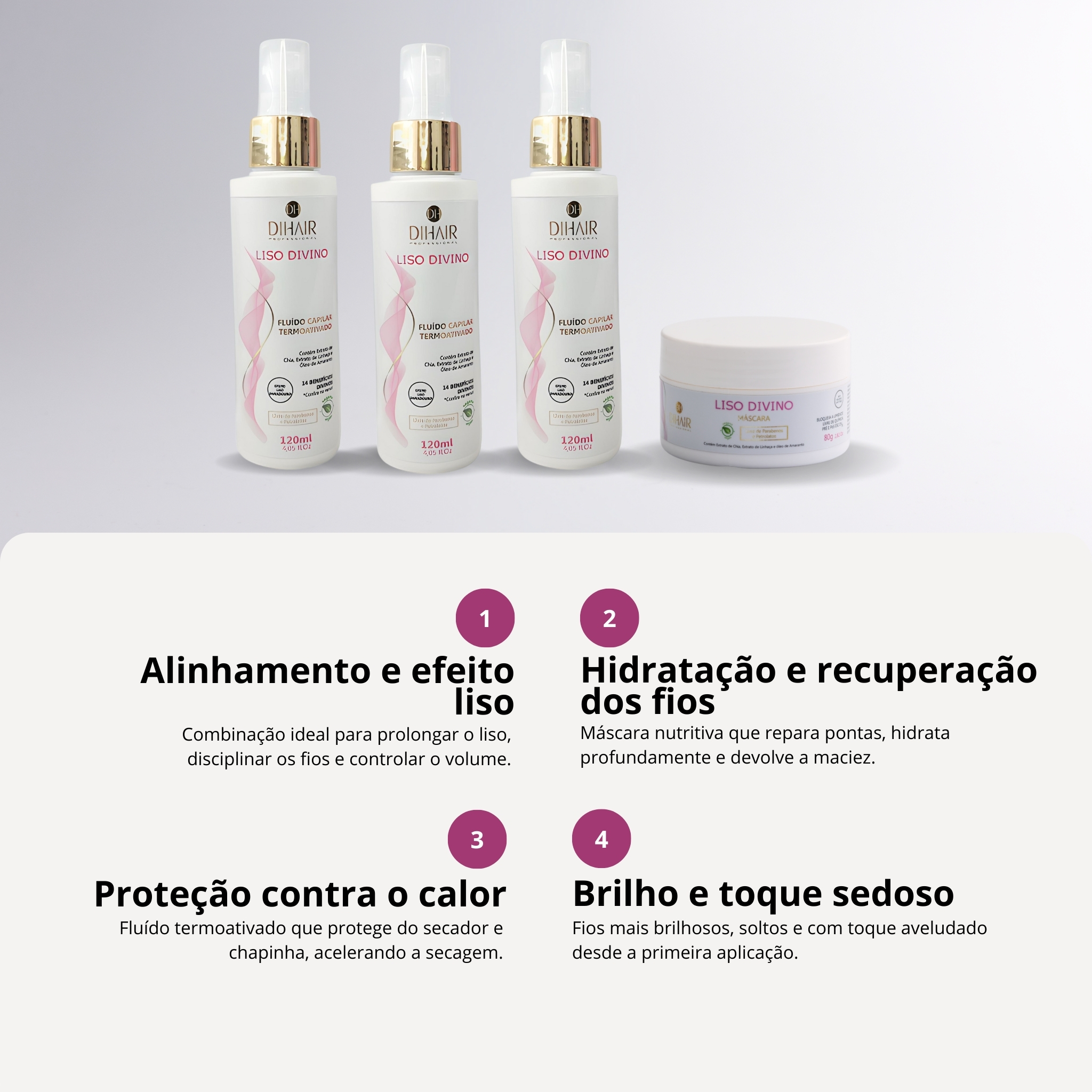 (EM TRIPLO) Kit 3 Fluído Termoativado Liso Divino 14 em 1 + Brinde Máscara Liso Divino 80g - Dihair