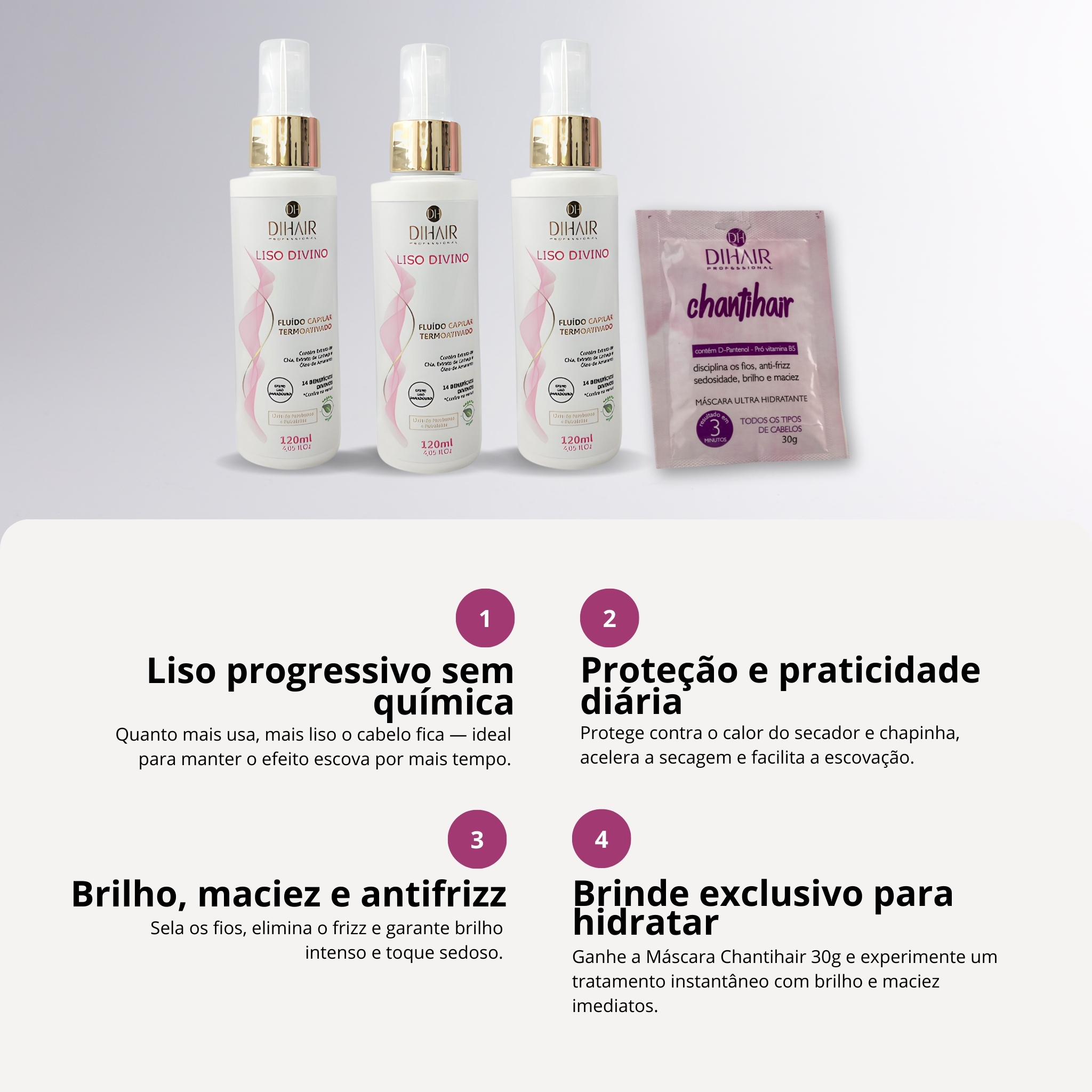 Kit Fluido Protetor Térmico Liso Divino 120mL 3 UND + Brinde Máscara Chantihair 30g