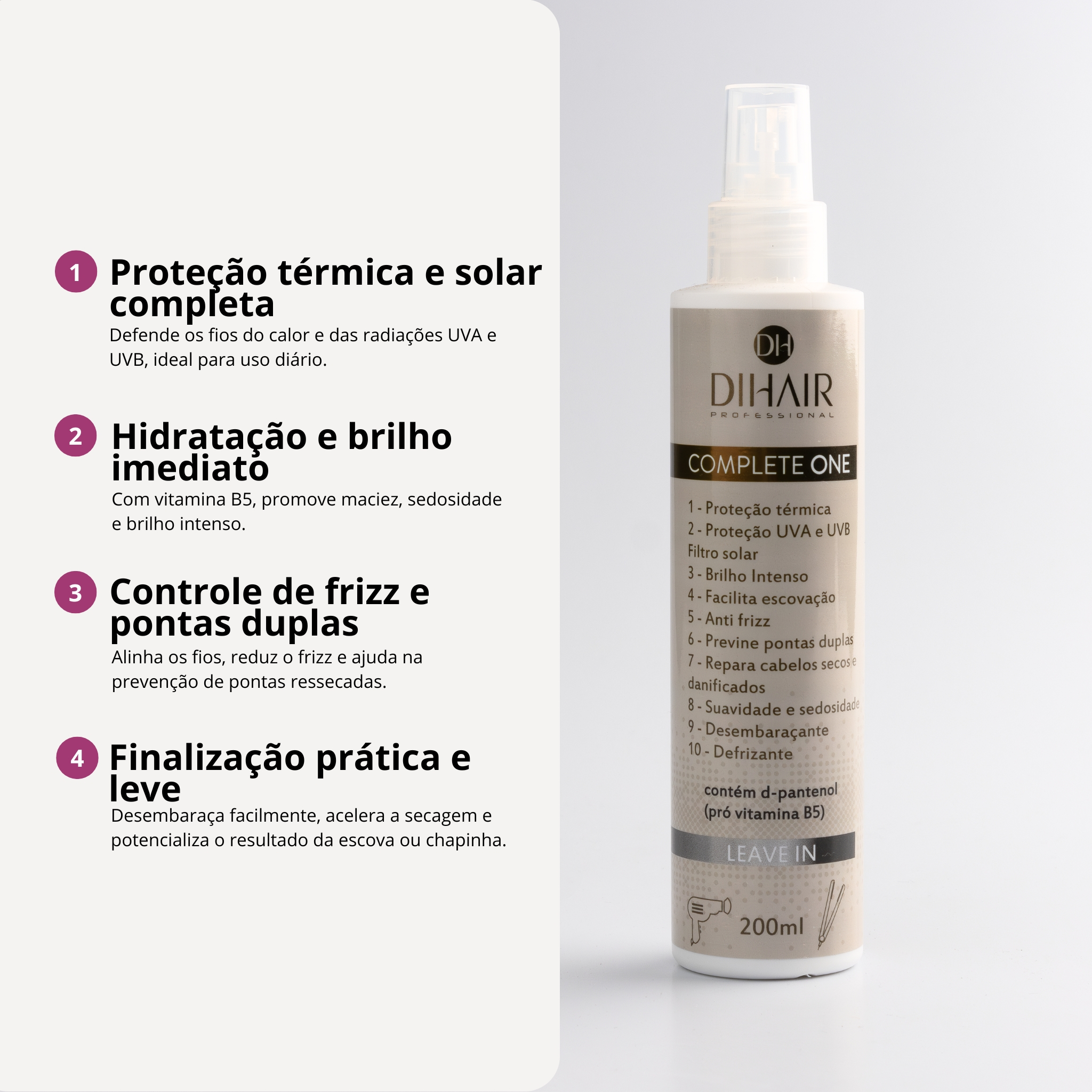 Complete One 200 mL – Leave‑in com Proteção Térmica, Anti‑Frizz e Desembaraço Fácil - Dihair