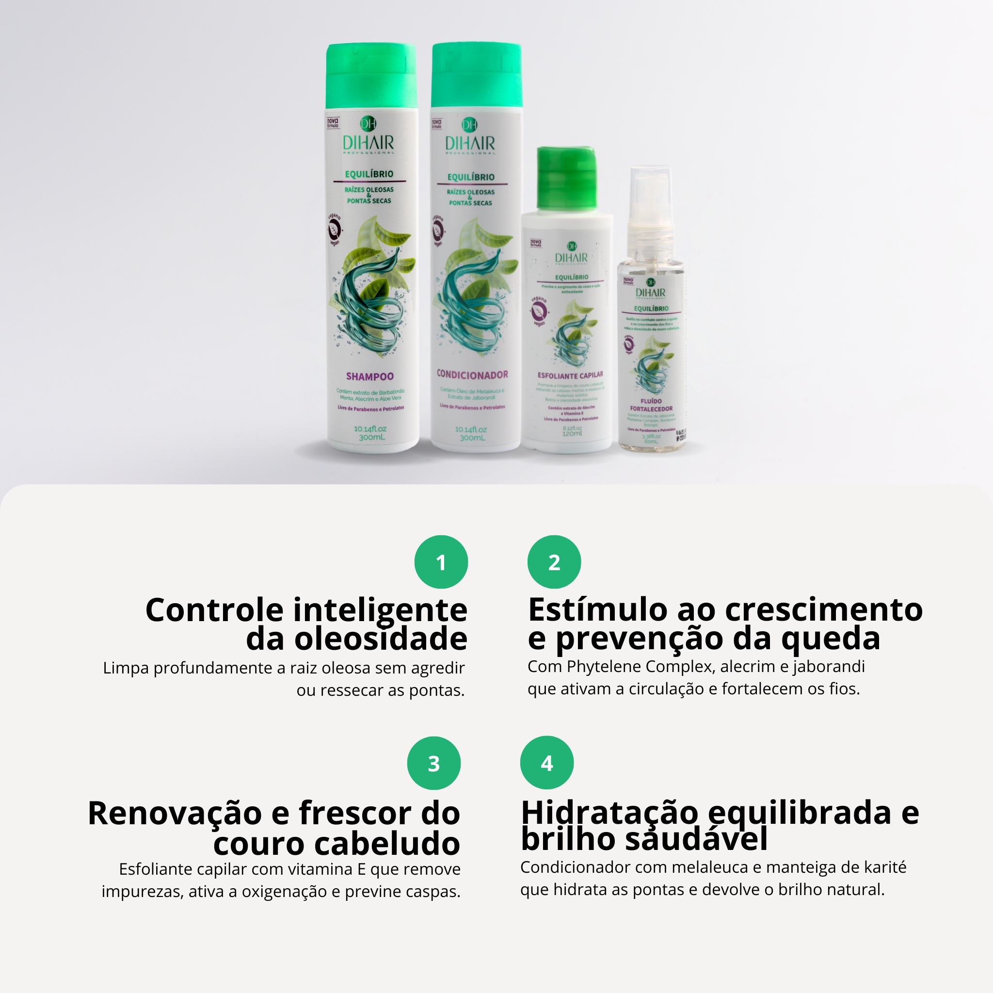 Kit Equilíbrio: Shampoo, Condicionador Esfoliante e Fluído Fortalecedor - Dihair