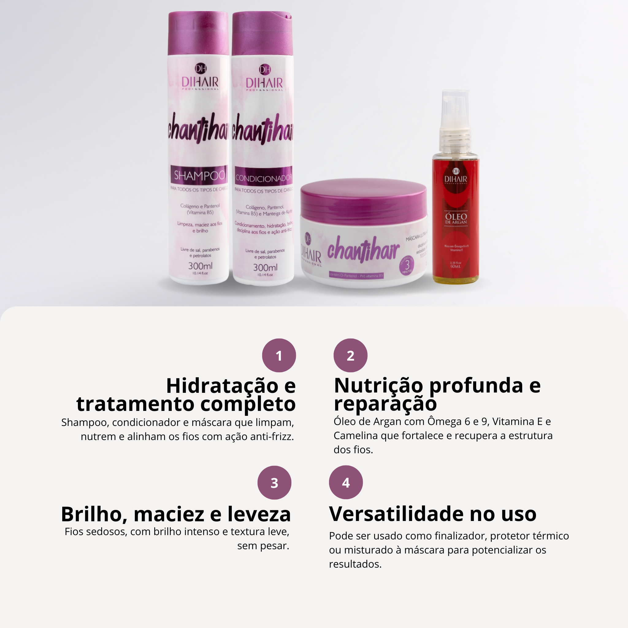 Kit Chantihair: Shampoo, Condicionador, Máscara 250g e Óleo de Argan 60ml - DIHAIR