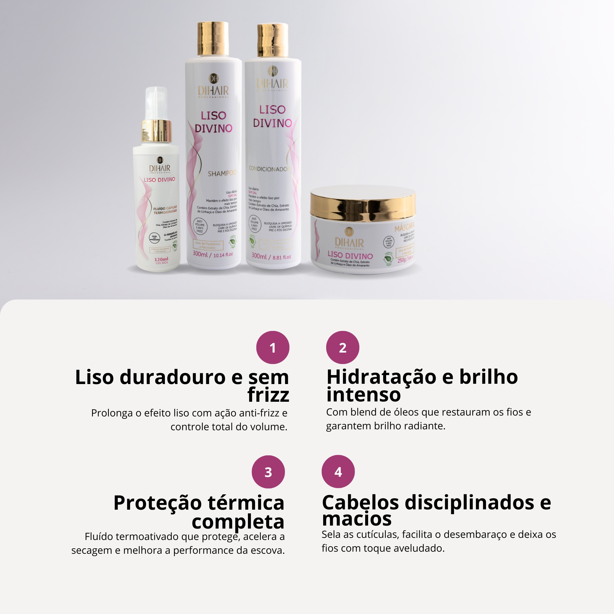 Kit Liso Divino Shampoo 300ml, Cond 300ml, Máscara 250g e Fluido Termoativado 120ml - DIHAIR