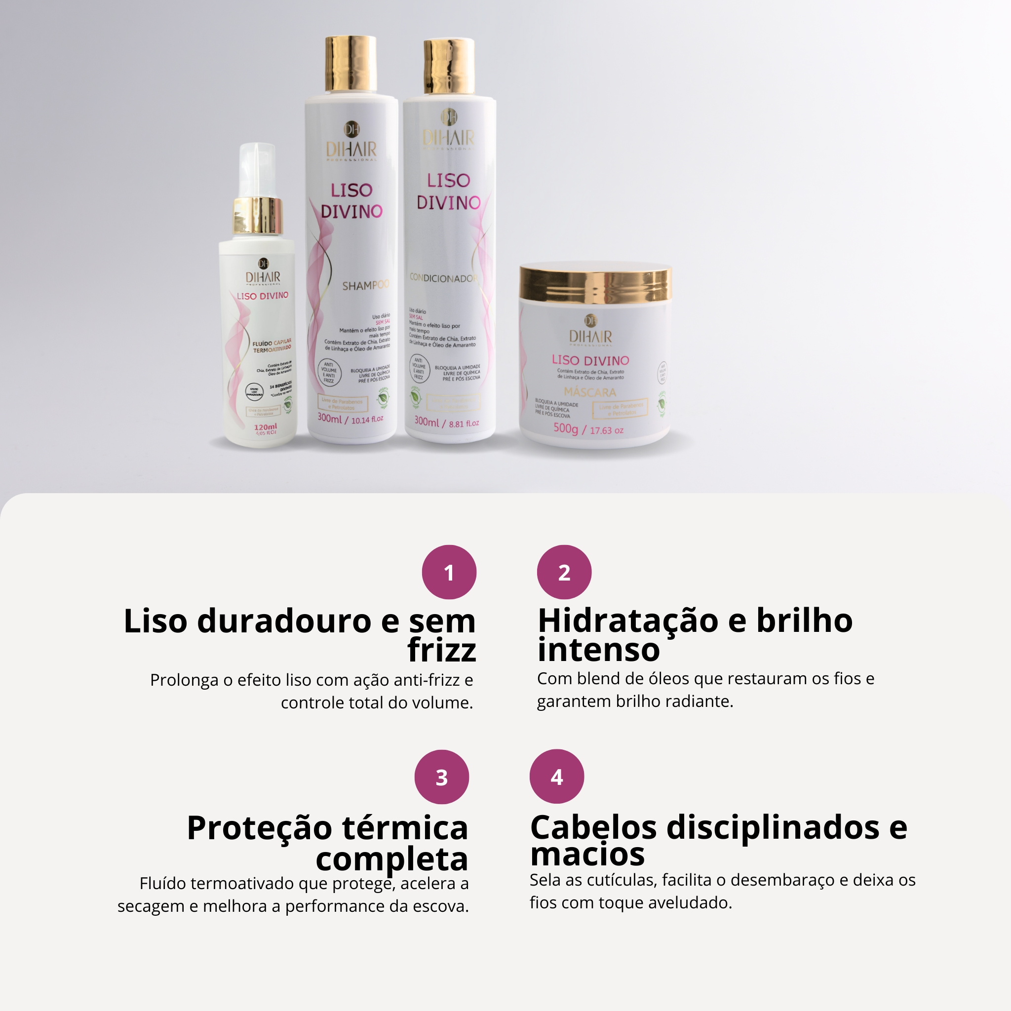 Kit Liso Divino Shampoo 300ml, Cond 300ml, Máscara 500g e Fluido Termoativado 120ml - DIHAIR
