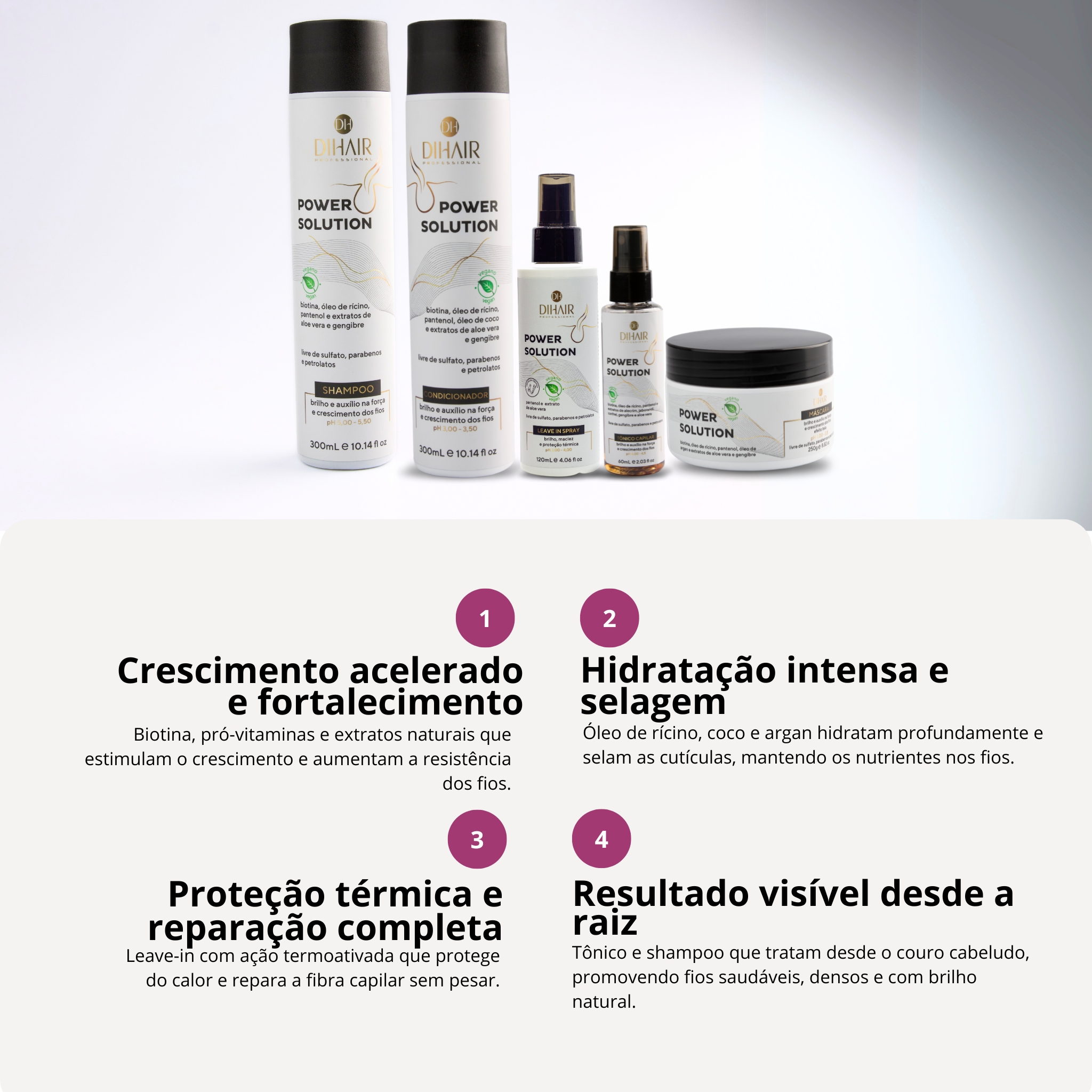 Kit Power Solution - Força e Crescimento Shampoo 300ml, Condicionador 300ml, Máscara 250g, Leave-in Spray 120 e Tônico 60ml - DIHAIR