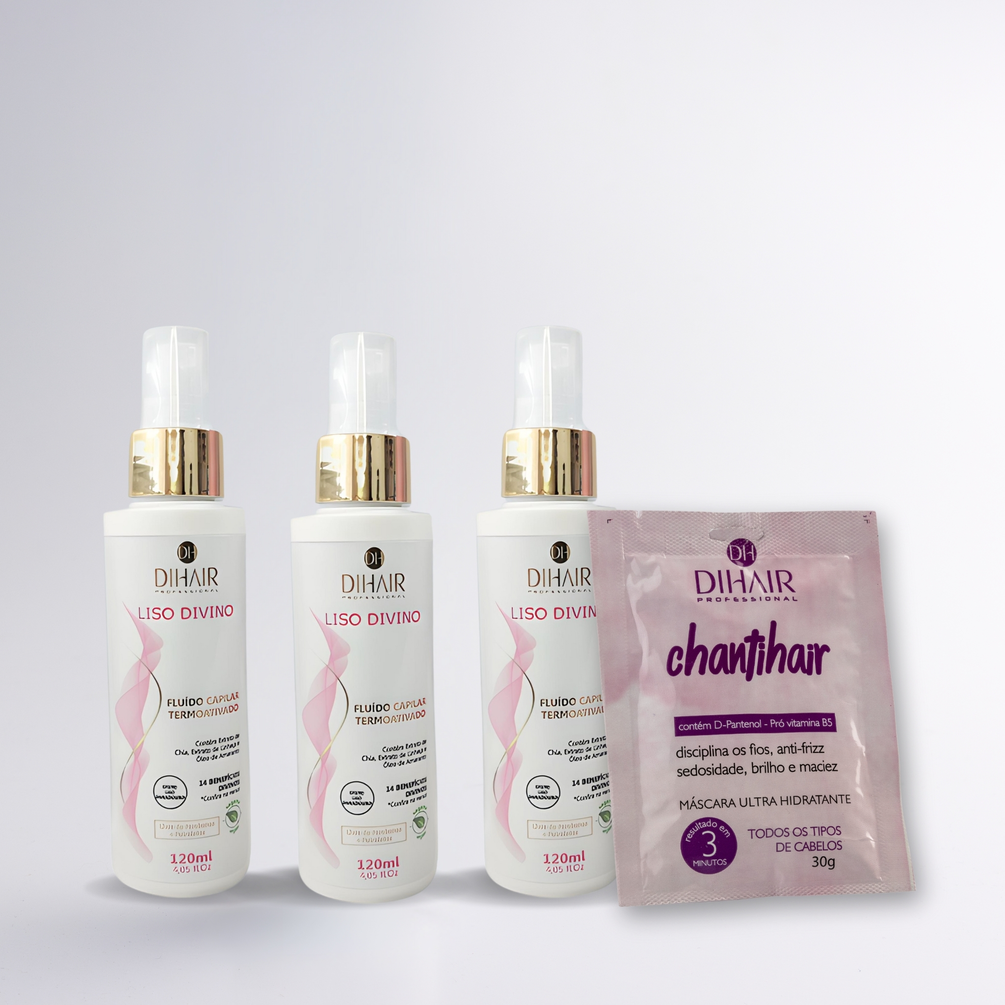 Kit Fluido Protetor Térmico Liso Divino 120mL 3 UND + Brinde Máscara Chantihair 30g