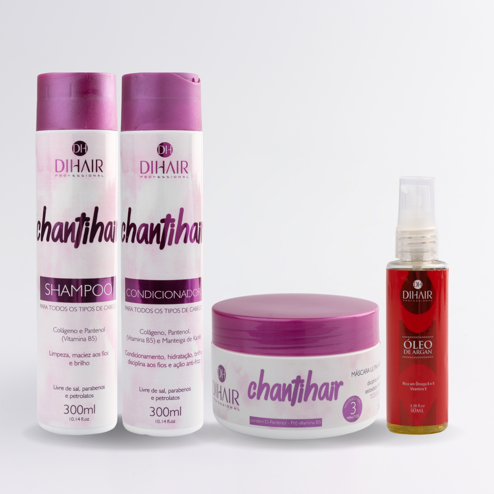 Kit Chantihair: Shampoo, Condicionador, Máscara 250g e Óleo de Argan 60ml - DIHAIR