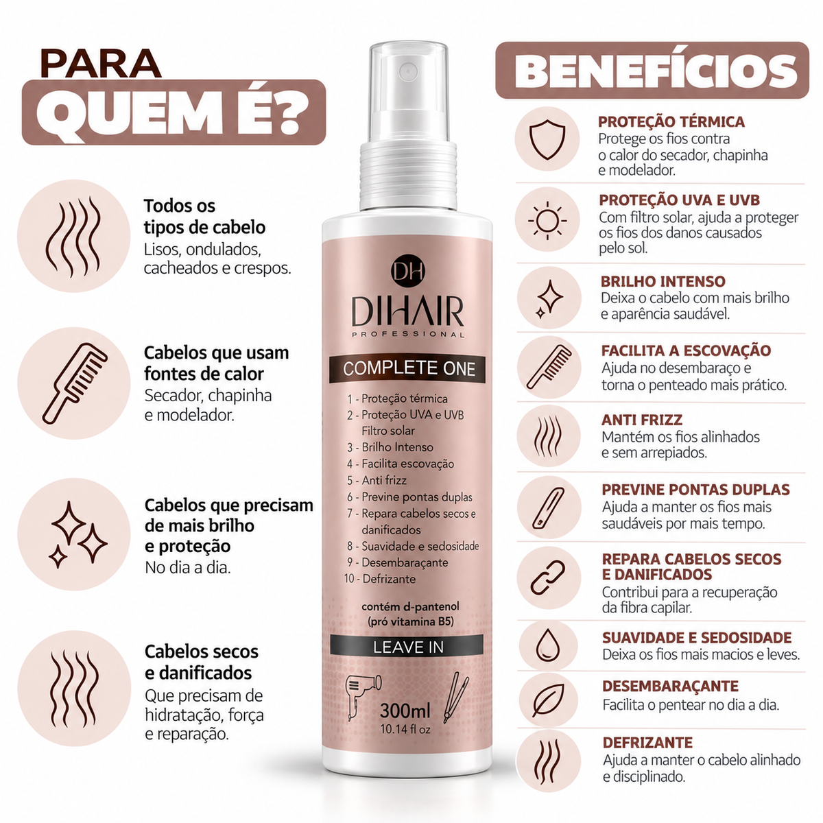 Complete One 300ml – Leave‑in com Proteção Térmica, Anti‑Frizz e Desembaraço Fácil - Dihair