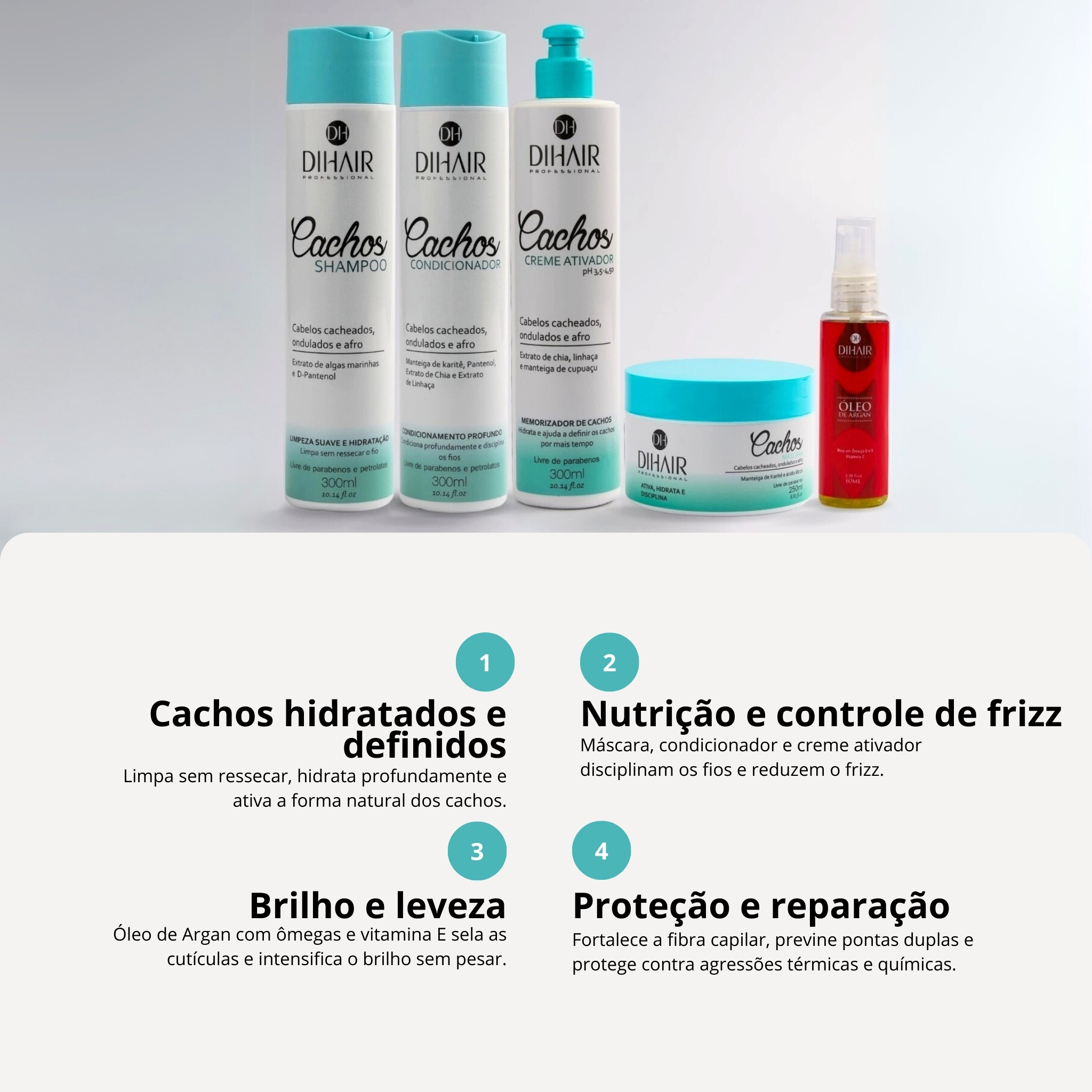 Kit Cachos Shampo, Condicionador, Máscara, Ativador e Óleo de Argan 60ml - DIHAIR