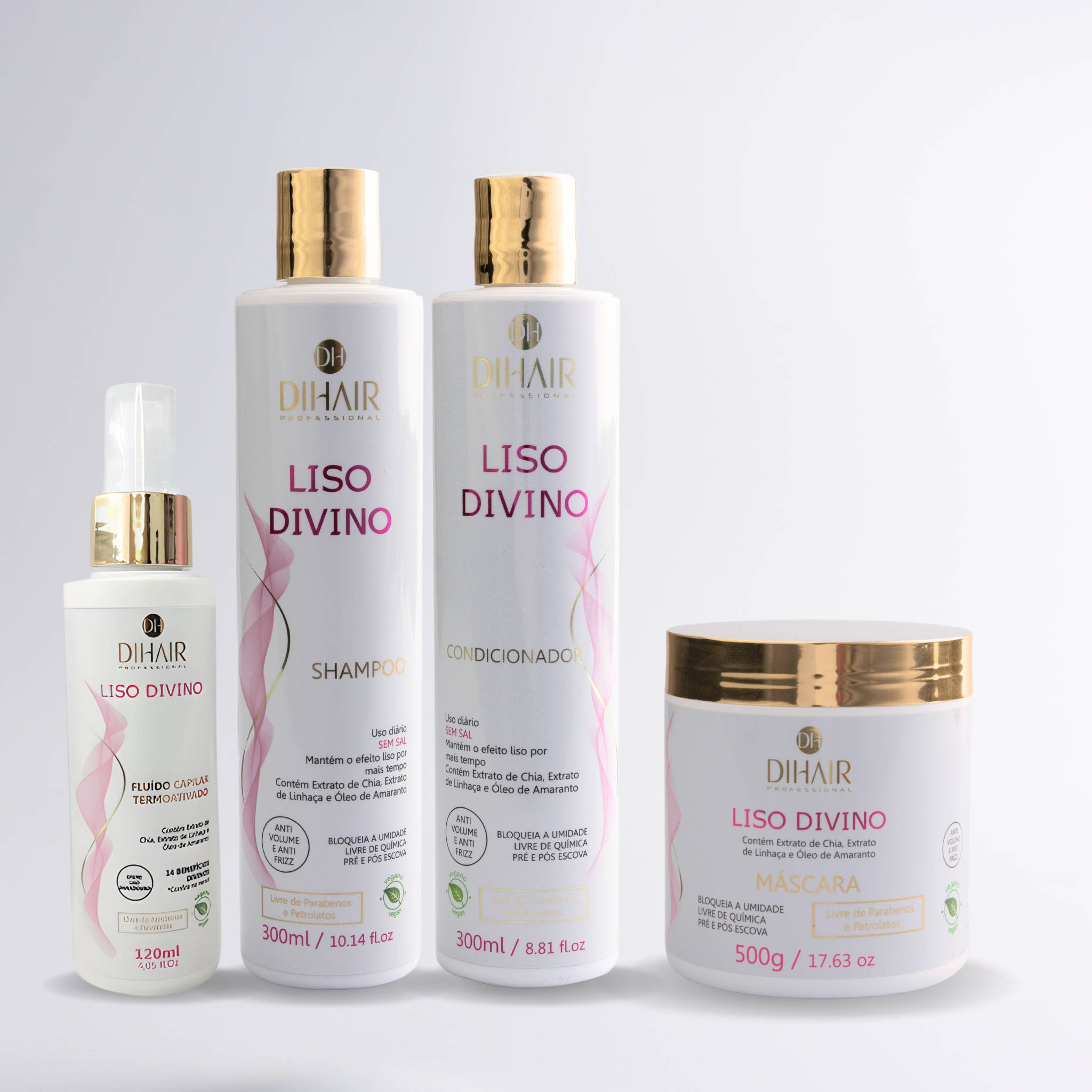 Kit Liso Divino Shampoo 300ml, Cond 300ml, Máscara 500g e Fluido Termoativado 120ml - DIHAIR