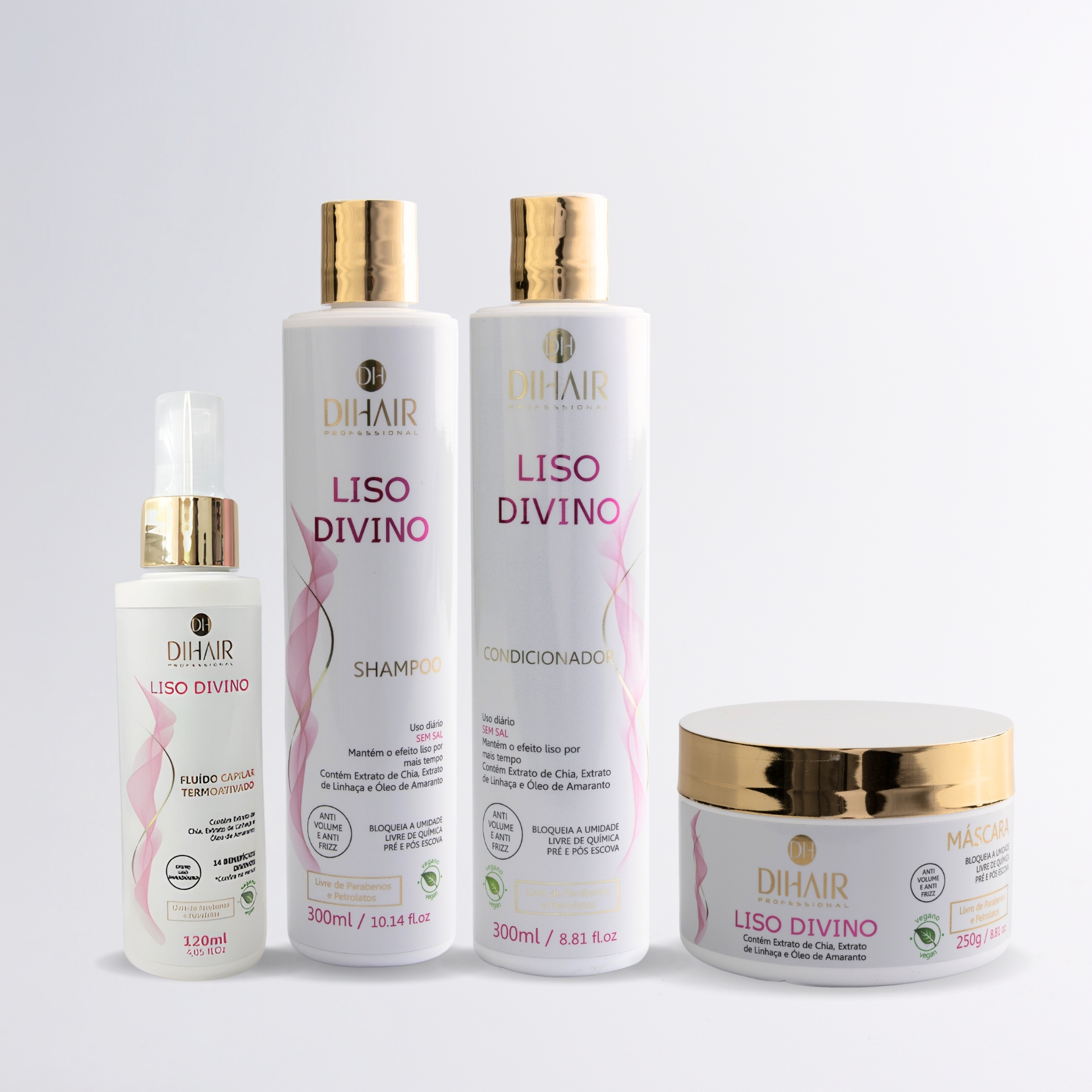 Kit Liso Divino Shampoo 300ml, Cond 300ml, Máscara 250g e Fluido Termoativado 120ml - DIHAIR