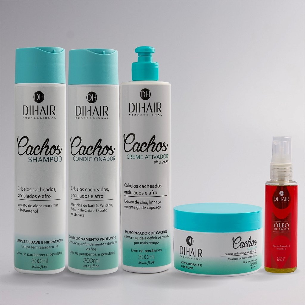 Kit Cachos Shampo, Condicionador, Máscara, Ativador e Óleo de Argan 60ml - DIHAIR