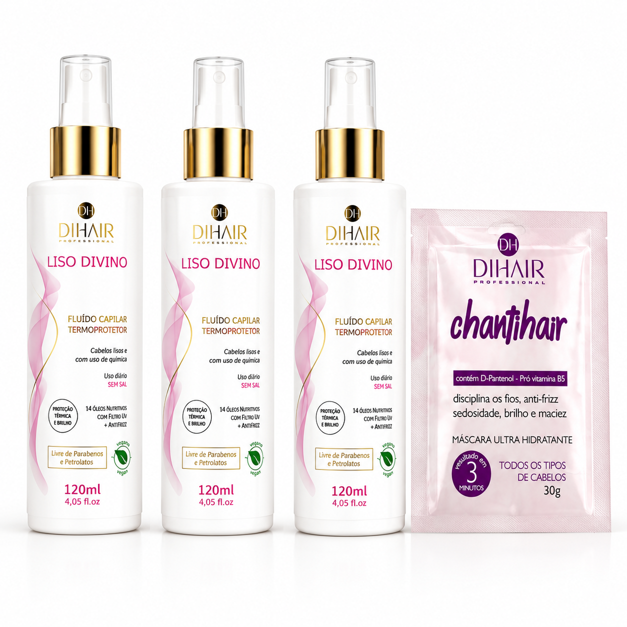 Kit Fluido Protetor Térmico Liso Divino 120mL 3 UND + Brinde Máscara Chantihair 30g
