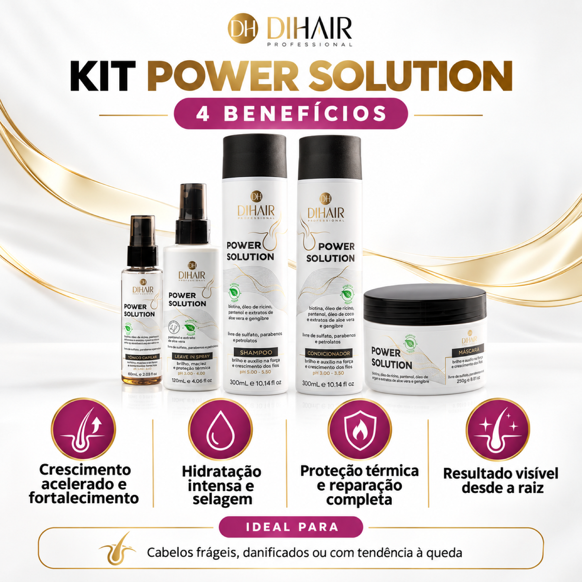 Kit Power Solution - Força e Crescimento Shampoo 300ml, Condicionador 300ml, Máscara 250g, Leave-in Spray 120 e Tônico 60ml - DIHAIR