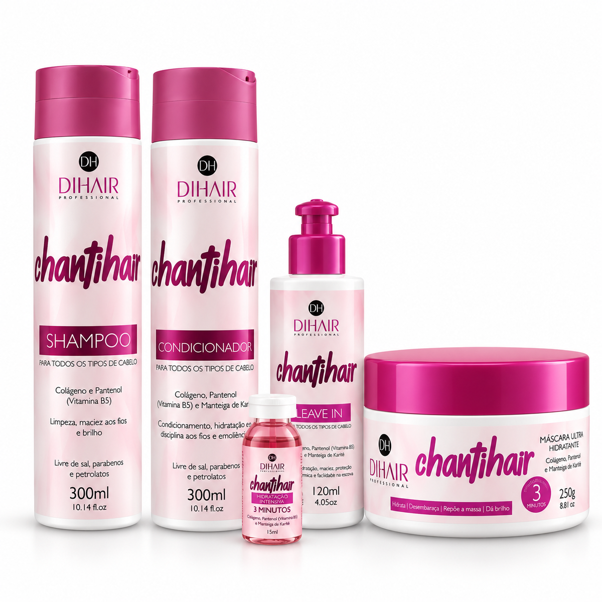 Kit Completo Chantihair: Shampoo, Condicionador, Leave-in, Máscara e Ampola
