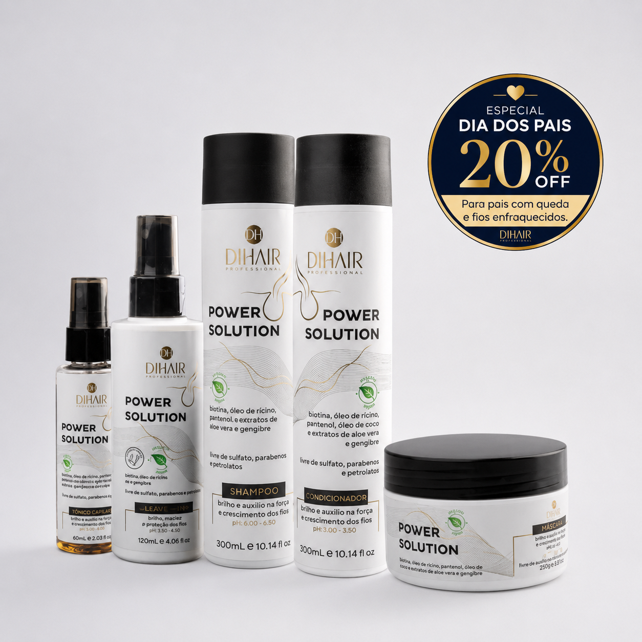 Kit Power Solution - Força e Crescimento Shampoo 300ml, Condicionador 300ml, Máscara 250g, Leave-in Spray 120 e Tônico 60ml - DIHAIR