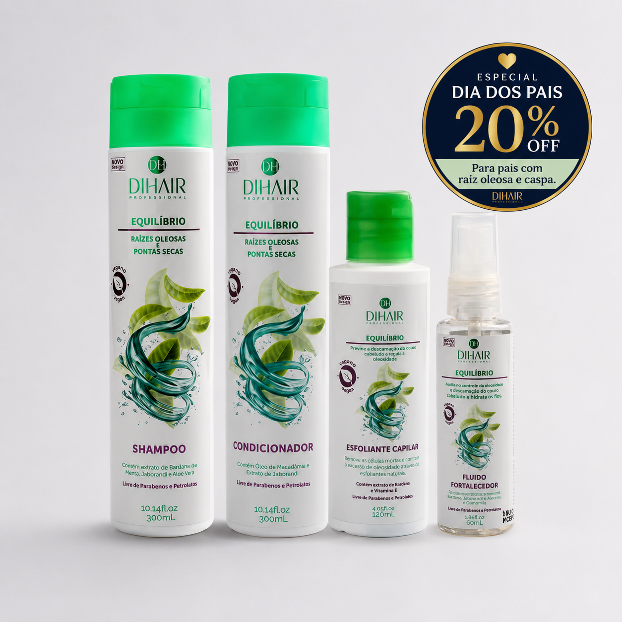 Kit Equilíbrio: Shampoo, Condicionador Esfoliante e Fluído Fortalecedor - Dihair