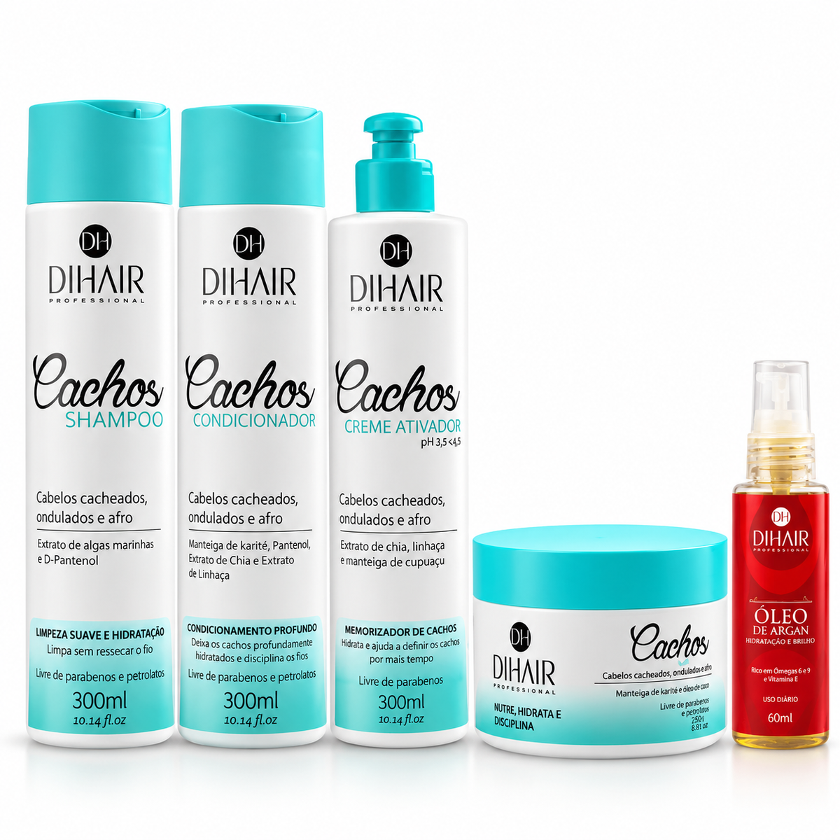 Kit Cachos Shampo, Condicionador, Máscara, Ativador e Óleo de Argan 60ml - DIHAIR