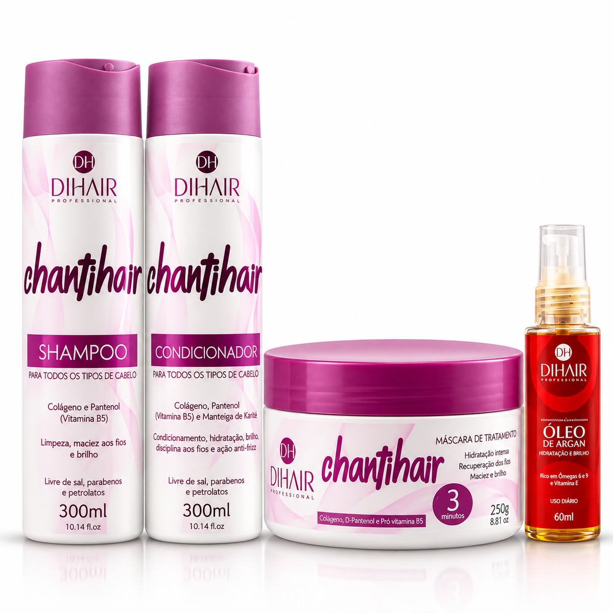 Kit Chantihair: Shampoo, Condicionador, Máscara 250g e Óleo de Argan 60ml - DIHAIR
