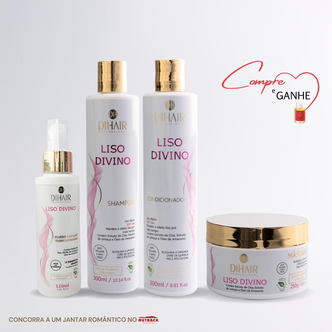 Kit Liso Divino Shampoo 300ml, Cond 300ml, Máscara 250g e Fluido Termoativado 120ml - DIHAIR