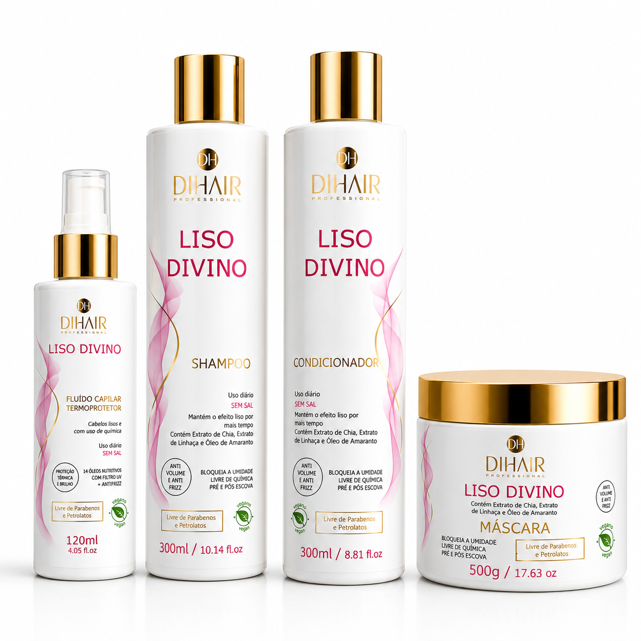 Kit Liso Divino Shampoo 300ml, Cond 300ml, Máscara 500g e Fluido Termoativado 120ml - DIHAIR
