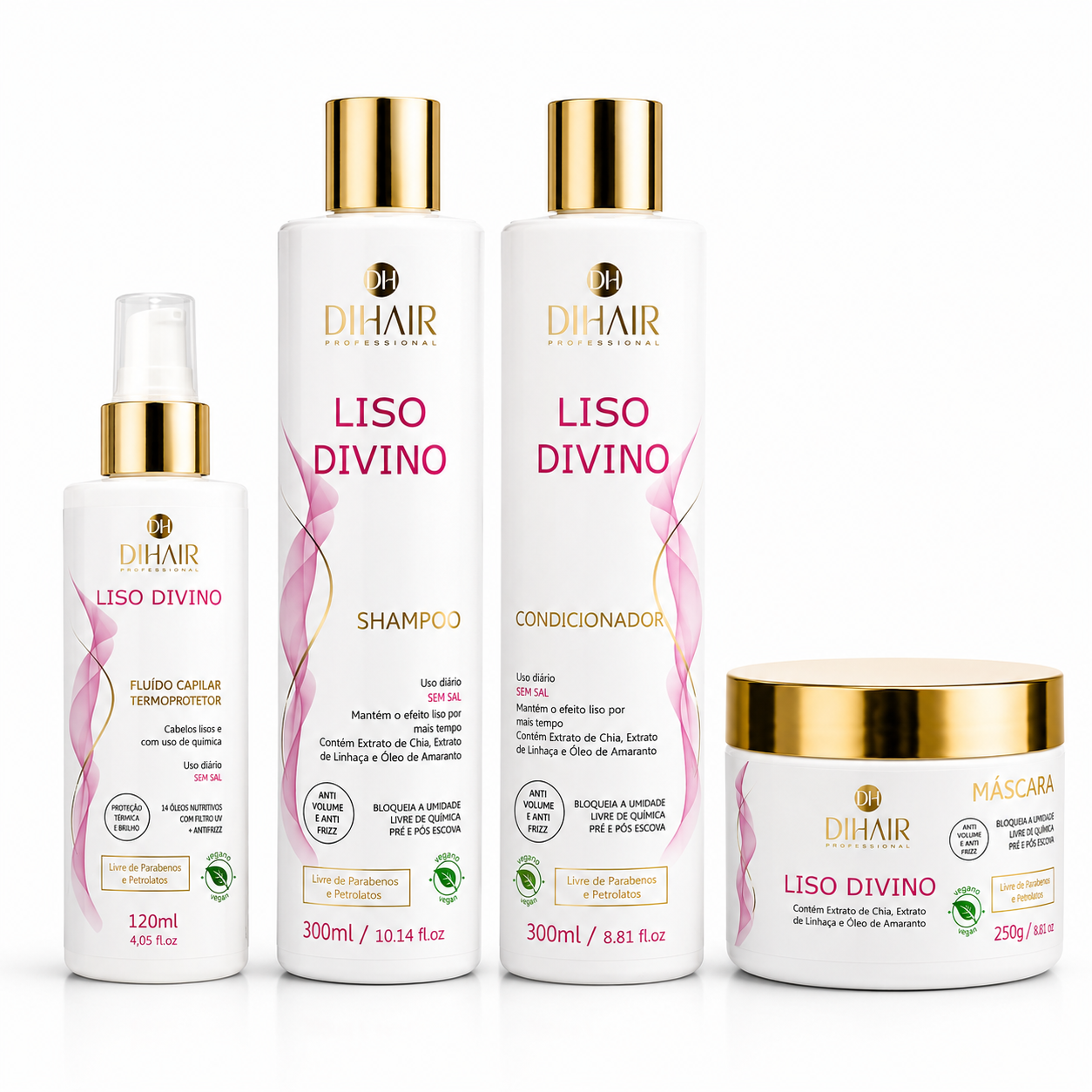 Kit Liso Divino Shampoo 300ml, Cond 300ml, Máscara 250g e Fluido Termoativado 120ml - DIHAIR